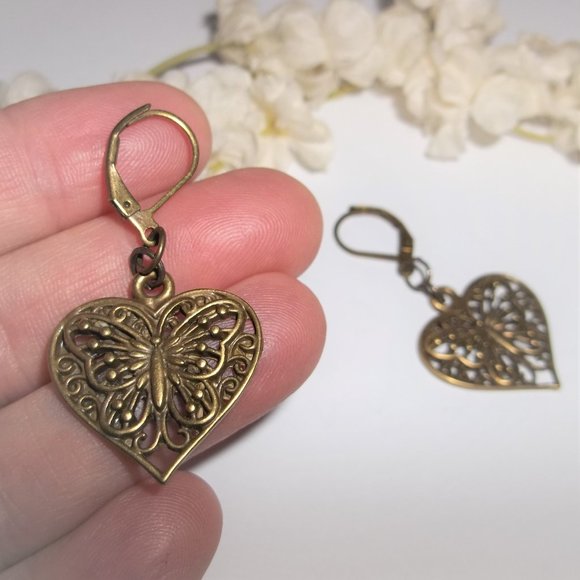 Earrings Bronze Heart Butterfly Dangle Drop Earrings Set Earring Boho NWT A176 - Picture 6 of 8